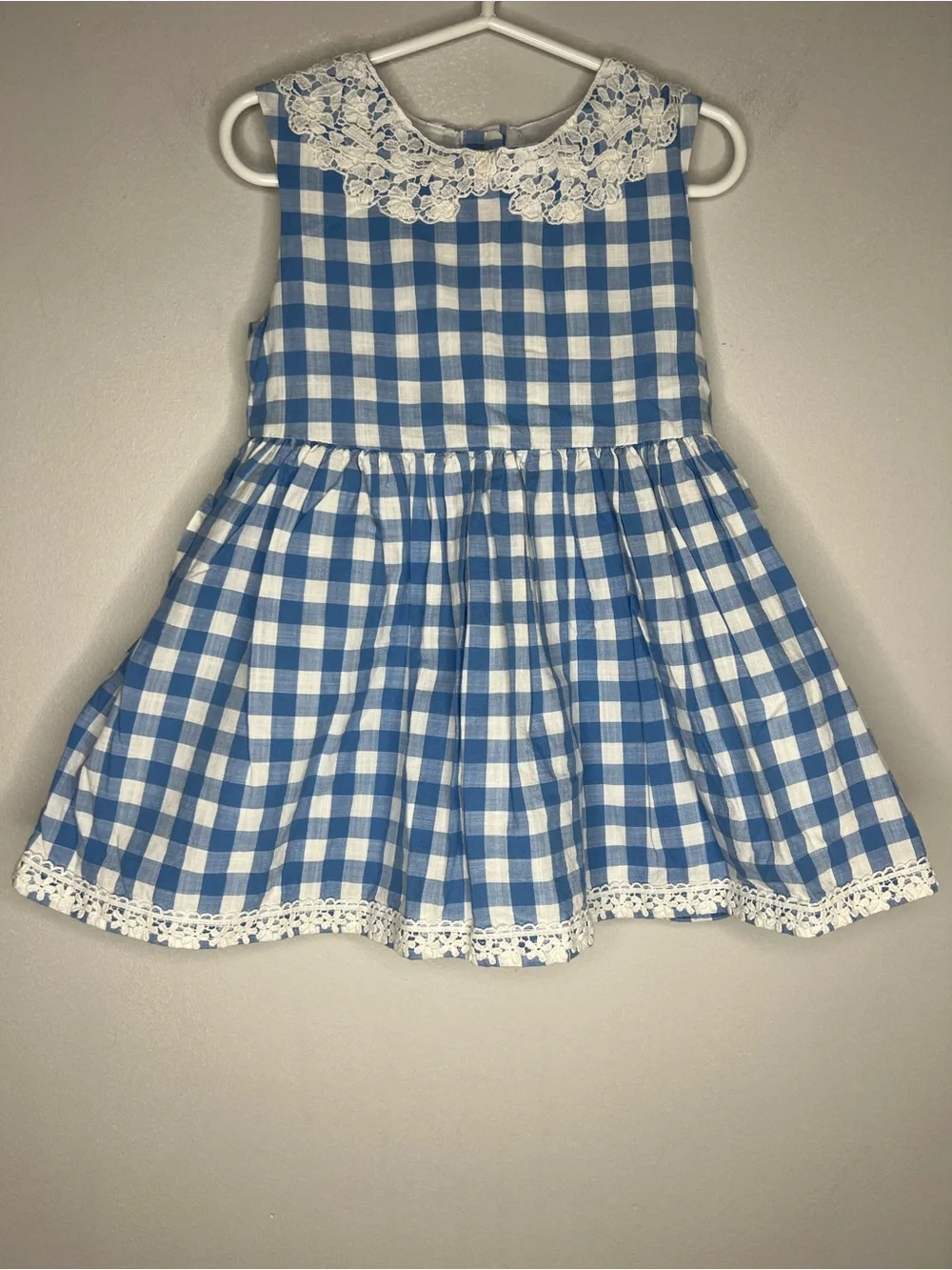 OshKosh B’gosh Blue Gingham Dress 3T Lace Collar Cotton Pockets Toddler Girl